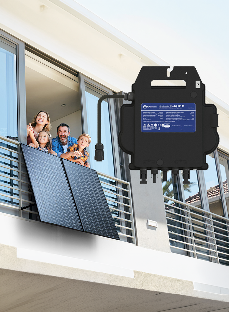 Plug-in solar kit on a balcony connected to a standard outdoor outlet